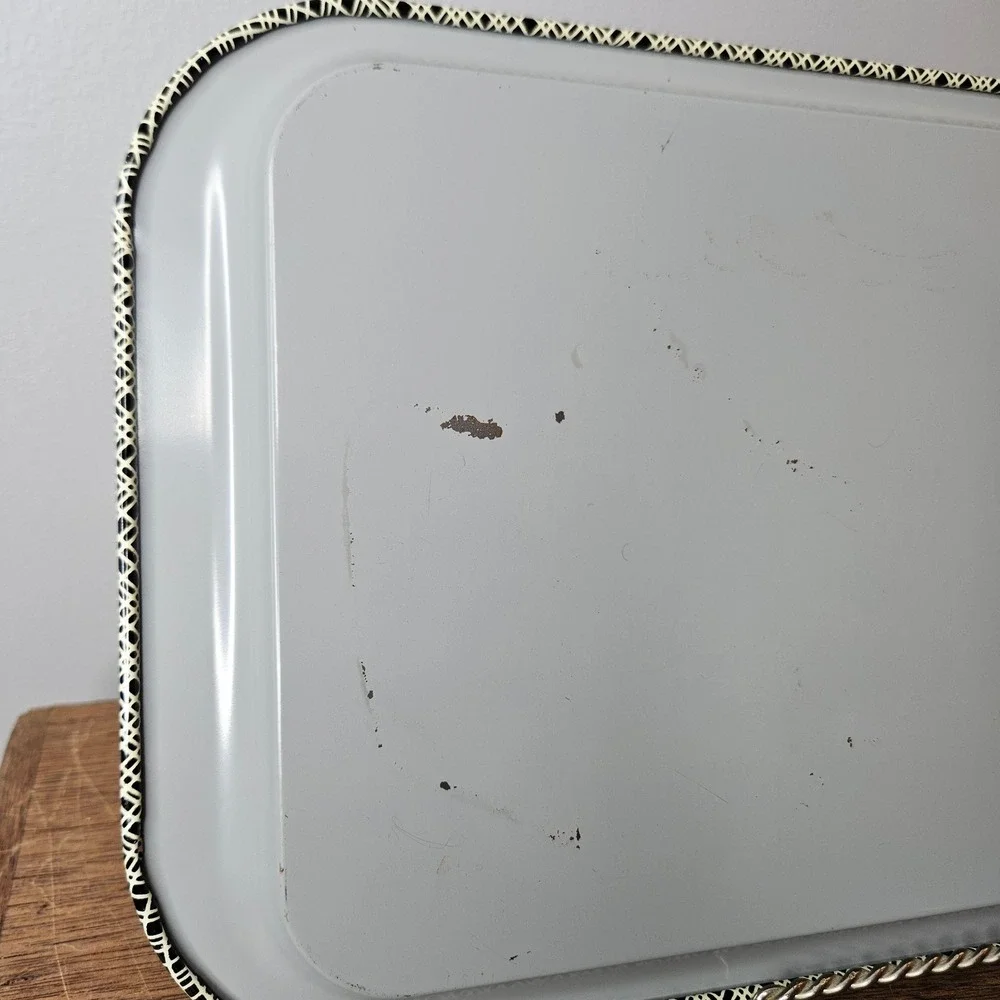 Vintage Black Metal Floral Serving Tray Roses Daisies Lattice Border 13.5x8.5